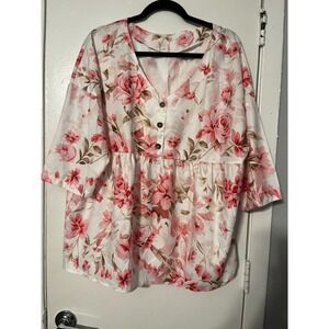 Oufisun Pink Floral Babydoll Top V-Neck 3/4 Sleeve Plus Size 3XL WhiteRose Print